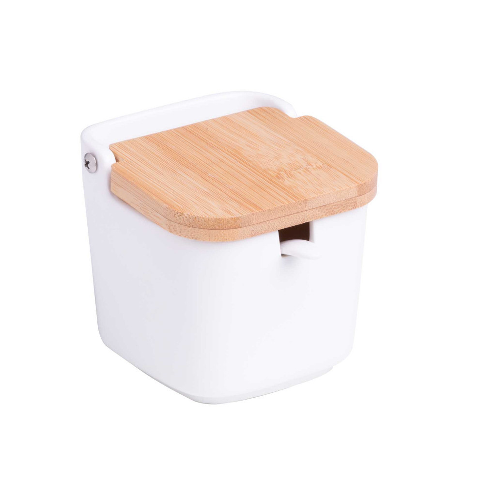 Saleiro de Mesa Pequeno de Cerâmica com Tampa de Bambu e Colher Bianco 9x9x8,5cm Lyor