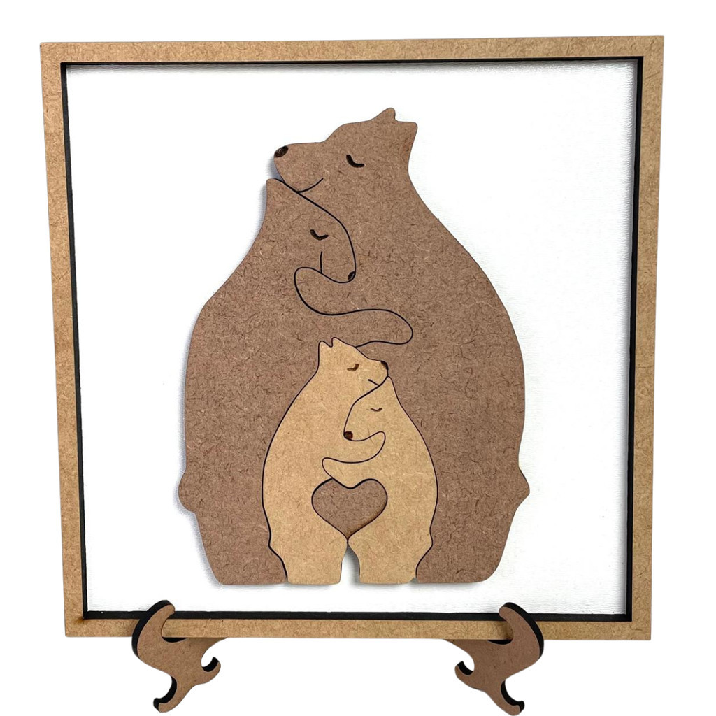 Quadro de Mdf Infantil com Suporte Decorativo Quebra-Cabeça Familia Urso 20x20cm