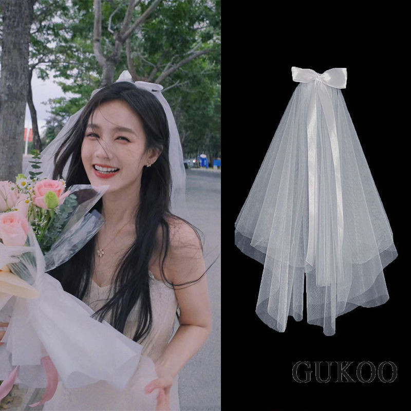 Véu De Noiva Branco De Dupla Camada , Pérola Curta Para Fotos De Casamento , Usando Arco De Cetim Na Cabeça