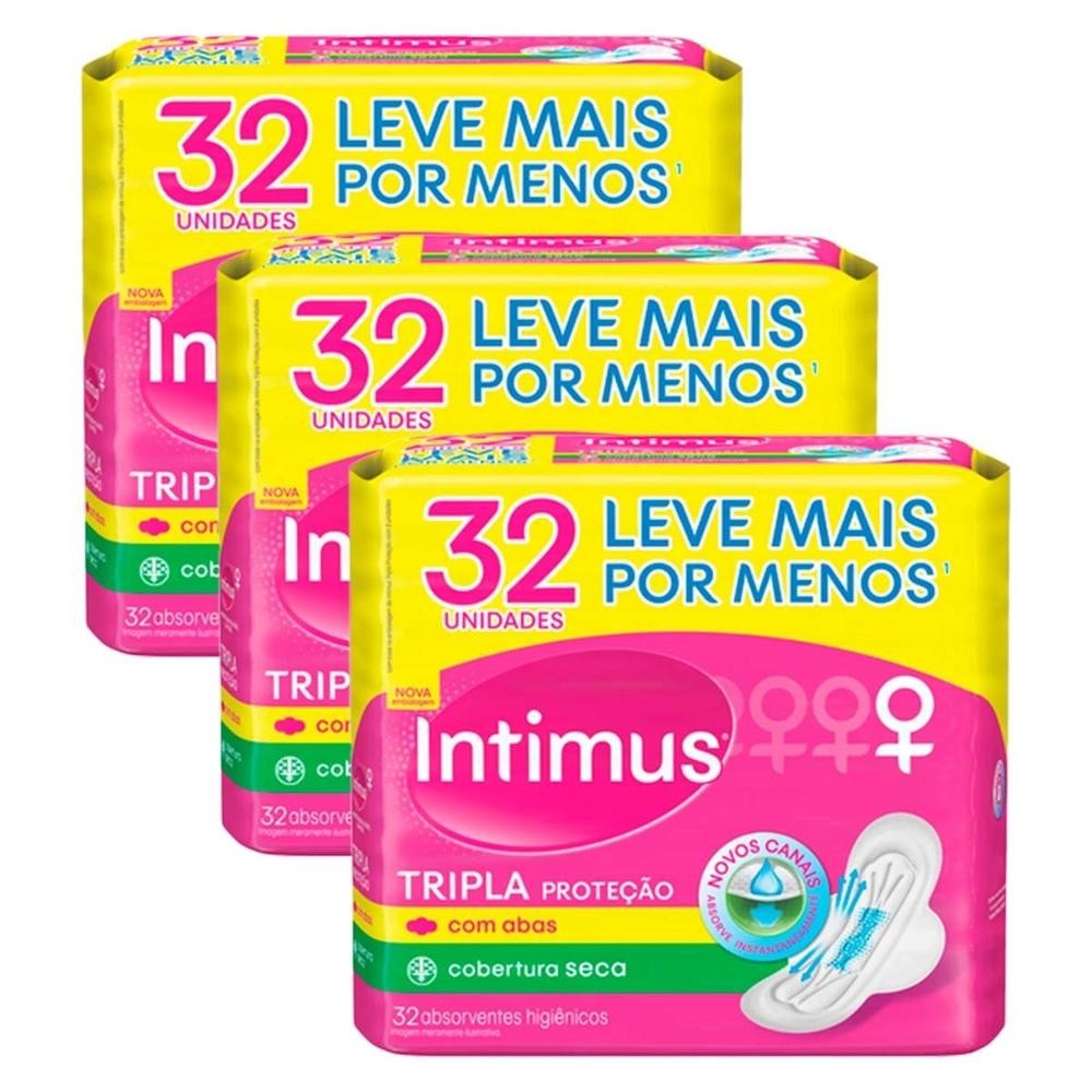 Kit 3 Absorvente Intimus Tripla Proteção c/ Abas-Seca 32 und em Oferta na Shopee
