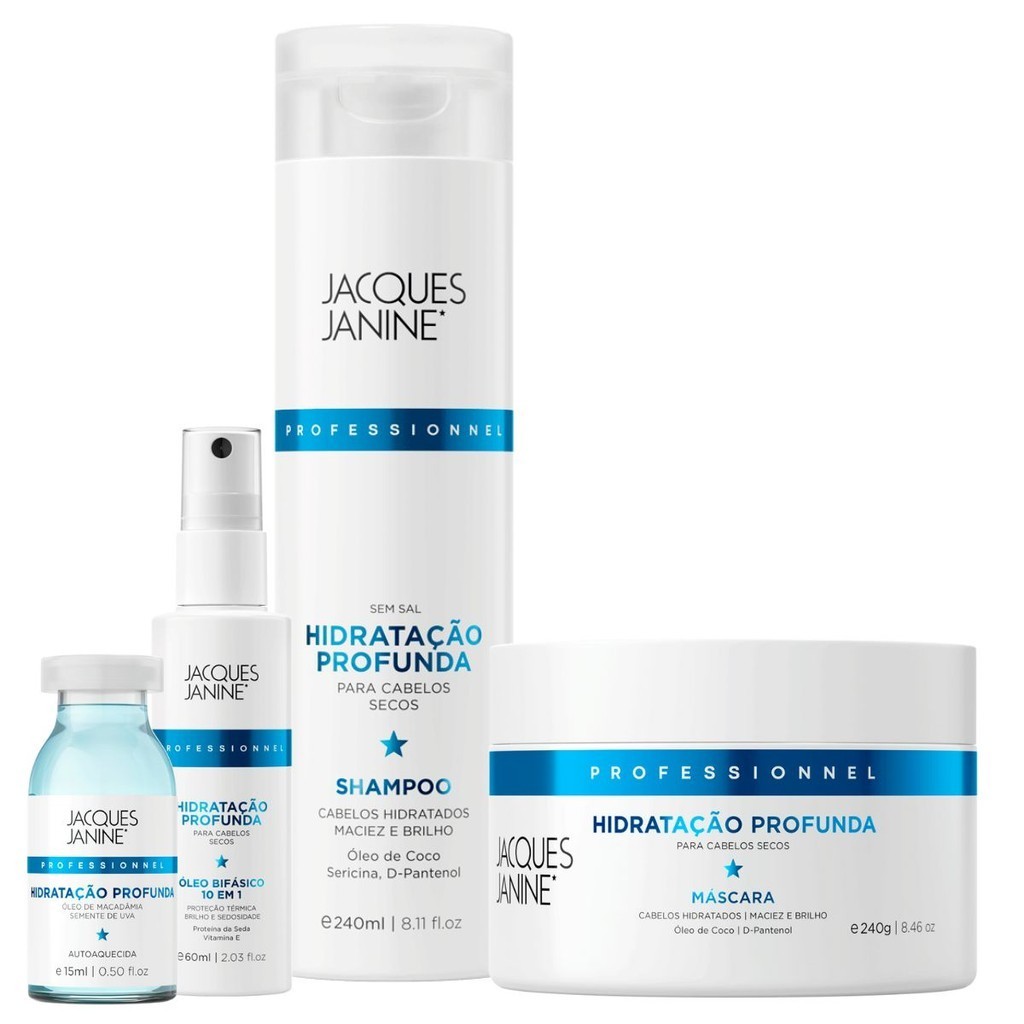 Kit Jacques Janine Hidratação Profunda Shampoo 240ml Máscara 240g Spray 60ml Ampola 15ml