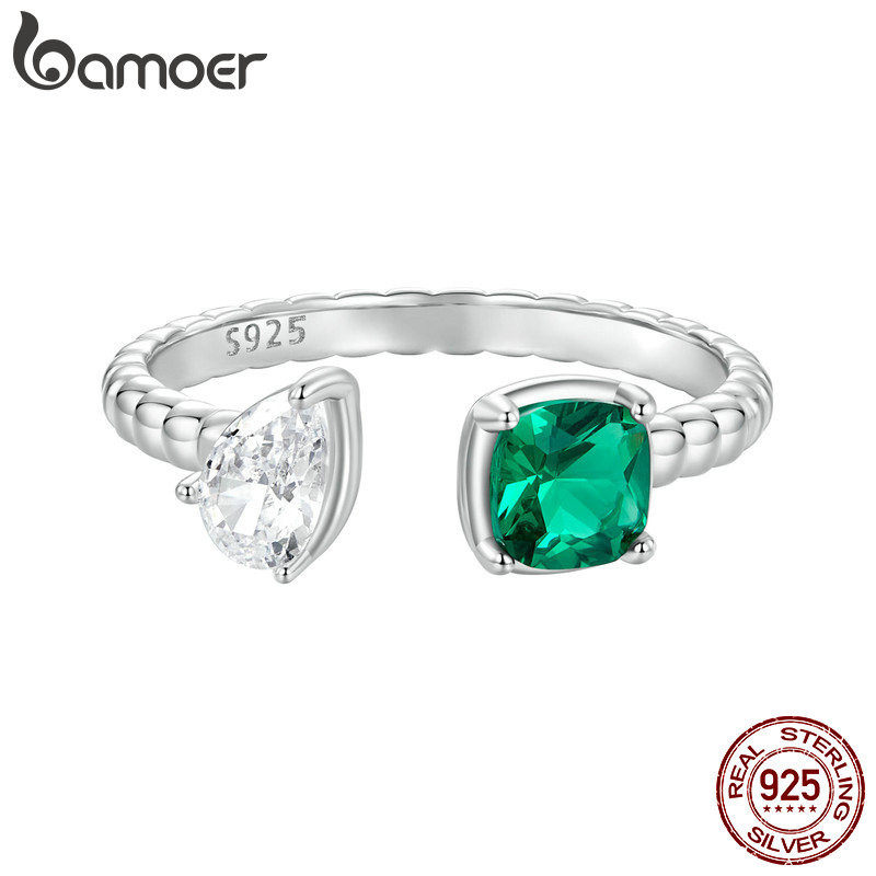 Bamoer 925 Sterling Sliver Ring Ajustável Zircônio Verde Jóias De Moda Presentes Para Mulheres - Fashion Accessories