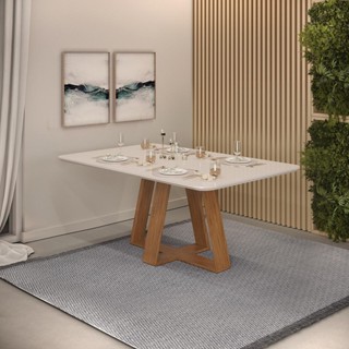 Mesa de Jantar Retangular Tampo Chanfrado Curvo 160x90 DJ Móveis Kiara Freijó Tampo Off White em Oferta na Shopee