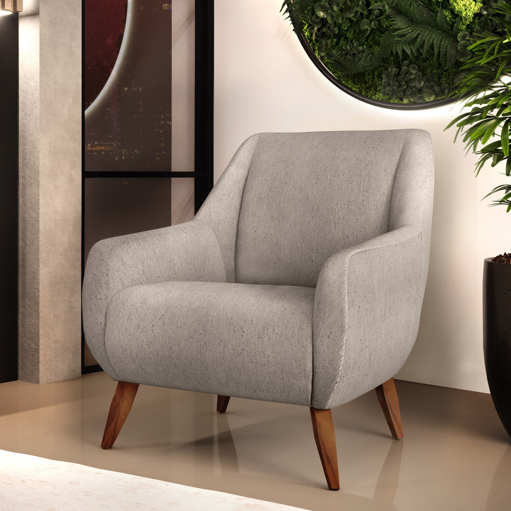 Poltrona Decorativa Fixa Pés de Madeira Paloma D02 Linho Bege C-107 - Lyam Decor