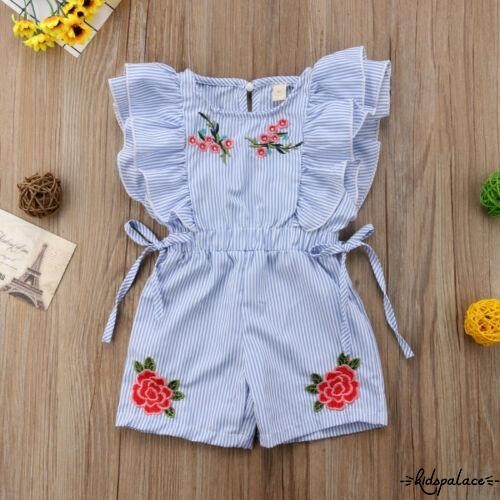 qwe-Girlillos Fresh Ruffles Sleeve Jumpsuit Moda Listrado Bordado De Listras Botão De Atadura De Cintura Calça Curta