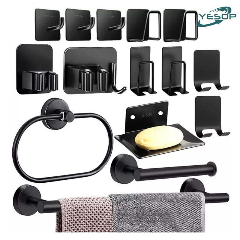 Kit Acessórios Para Banheiro Lavabo Toalheiros Preto 15 Peças Yesop