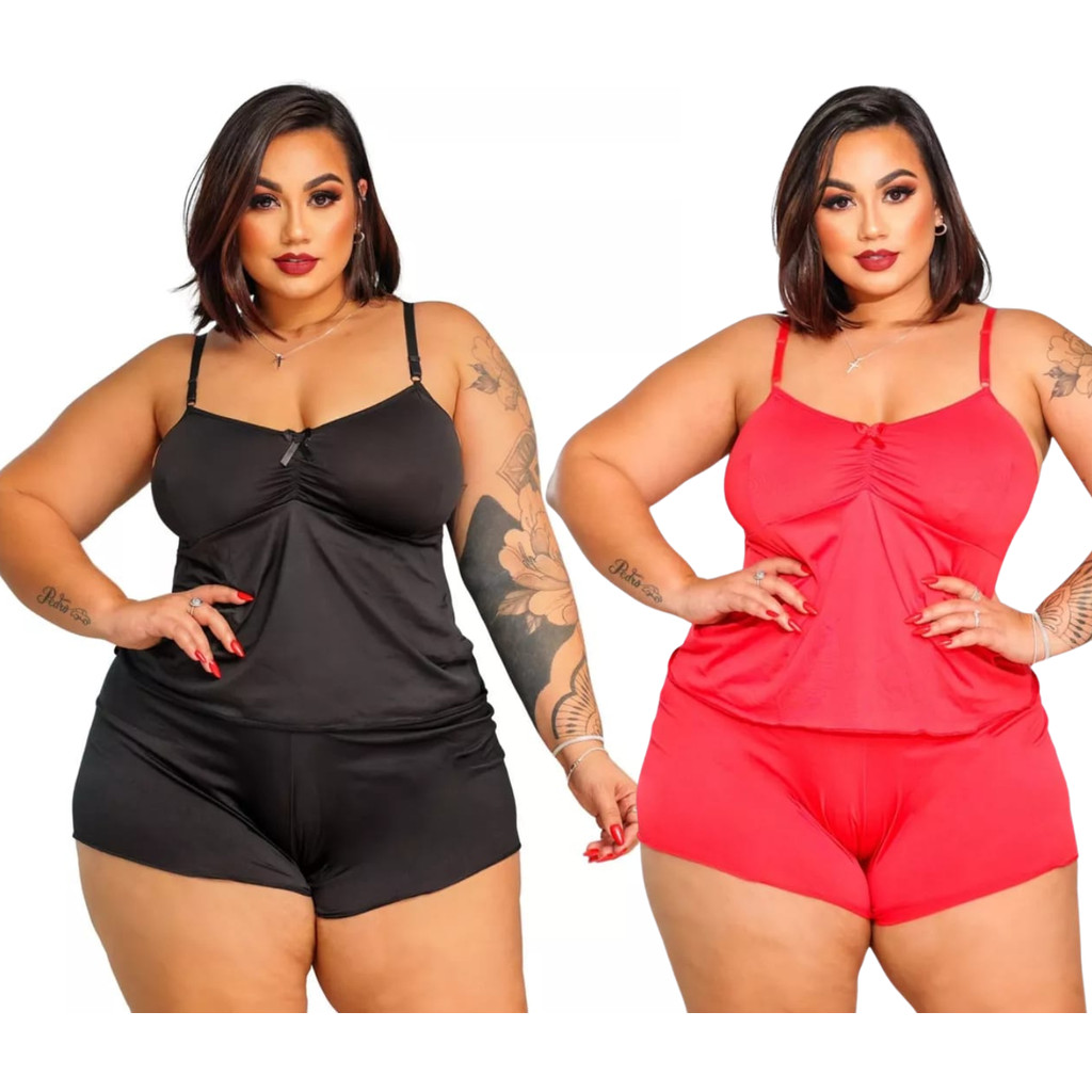 Kit com 2 Baby Doll Short Doll Feminino Plus Size Malha Fria Liganete Liso em Oferta na Shopee
