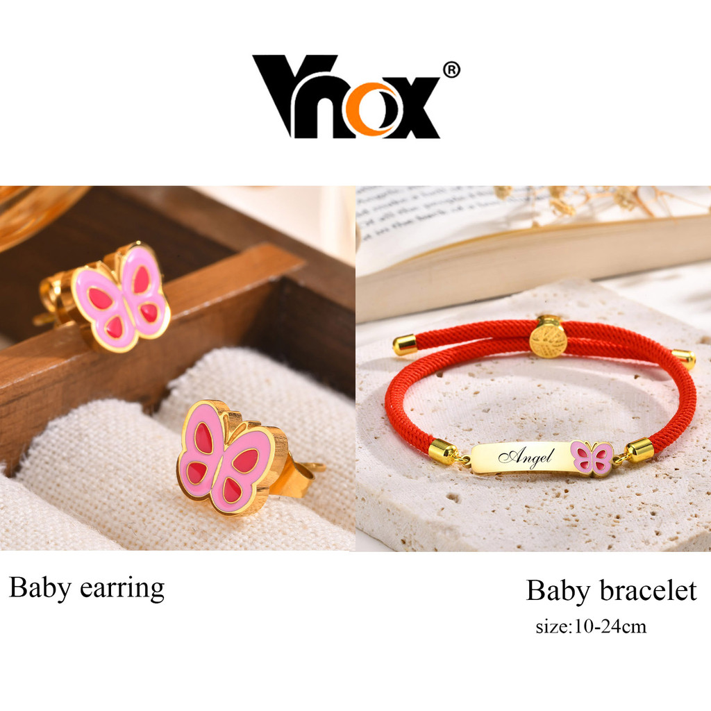 Vnox Personalizado Borboleta Pulseira Brinco Conjunto Para Bebê Menina , Recém-Nascido Criança Nascimento Corda Vermelha
