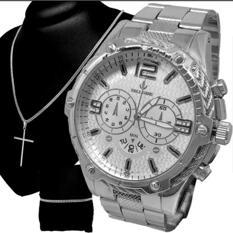 Relógio Masculino Prata Branco Metal Aço inox Original + Corrente 18k + Pulseira + Pingente RN0003 003