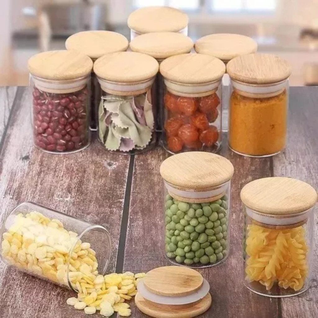 Kit Conjunto 8 Potes De Vidro Hermético 200ml Tampa De Bambu em Oferta na Shopee