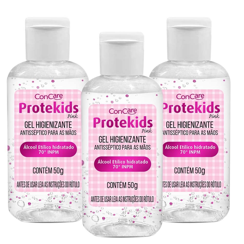 Kit 3 und Álcool Gel Protekids/Family Concare Pink 50g - Health