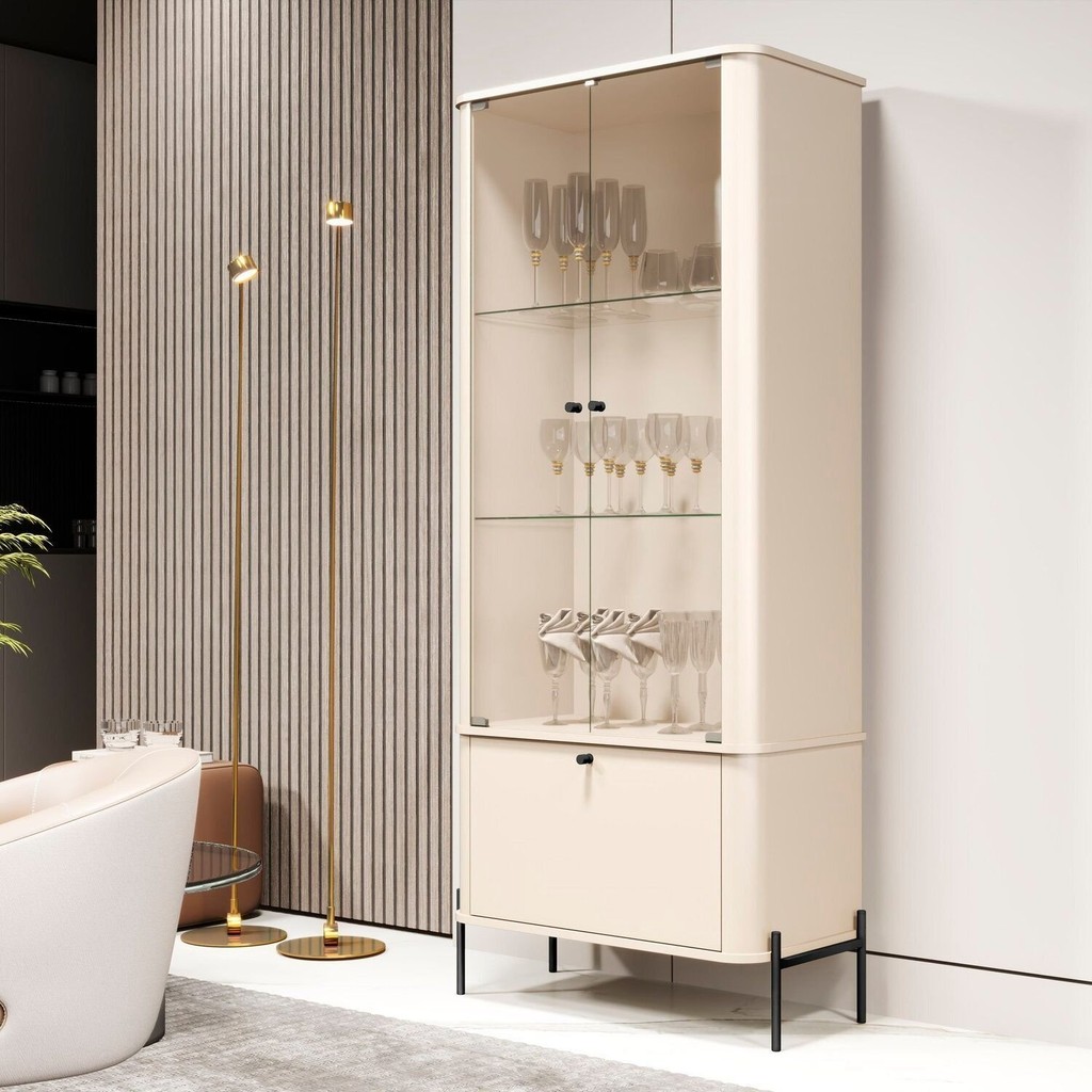 Cristaleira Curva com Porta em Vidro e Pés em Metal 100% MDF 180CMX76CM Tucupi Bege Off White/Preto