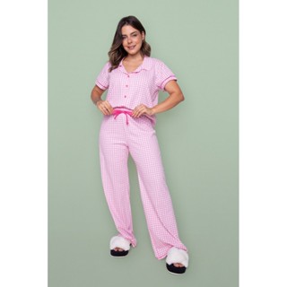 Pijama Americano Blogueirinha Blusa Manga Curta Com Calça Botões Xadrez Rosa em Oferta na Shopee