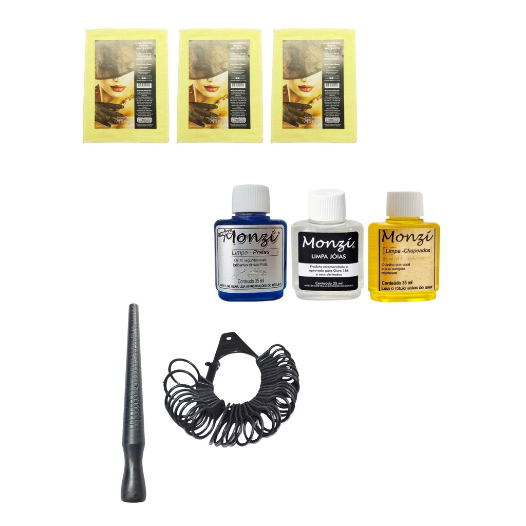 Kit 3 Monzi 35ml Limpa Chapeados Prata Ouro + 3 Flanelas+ 2 Aneleira Bastão Nº 1 ao 33 Medir Anel