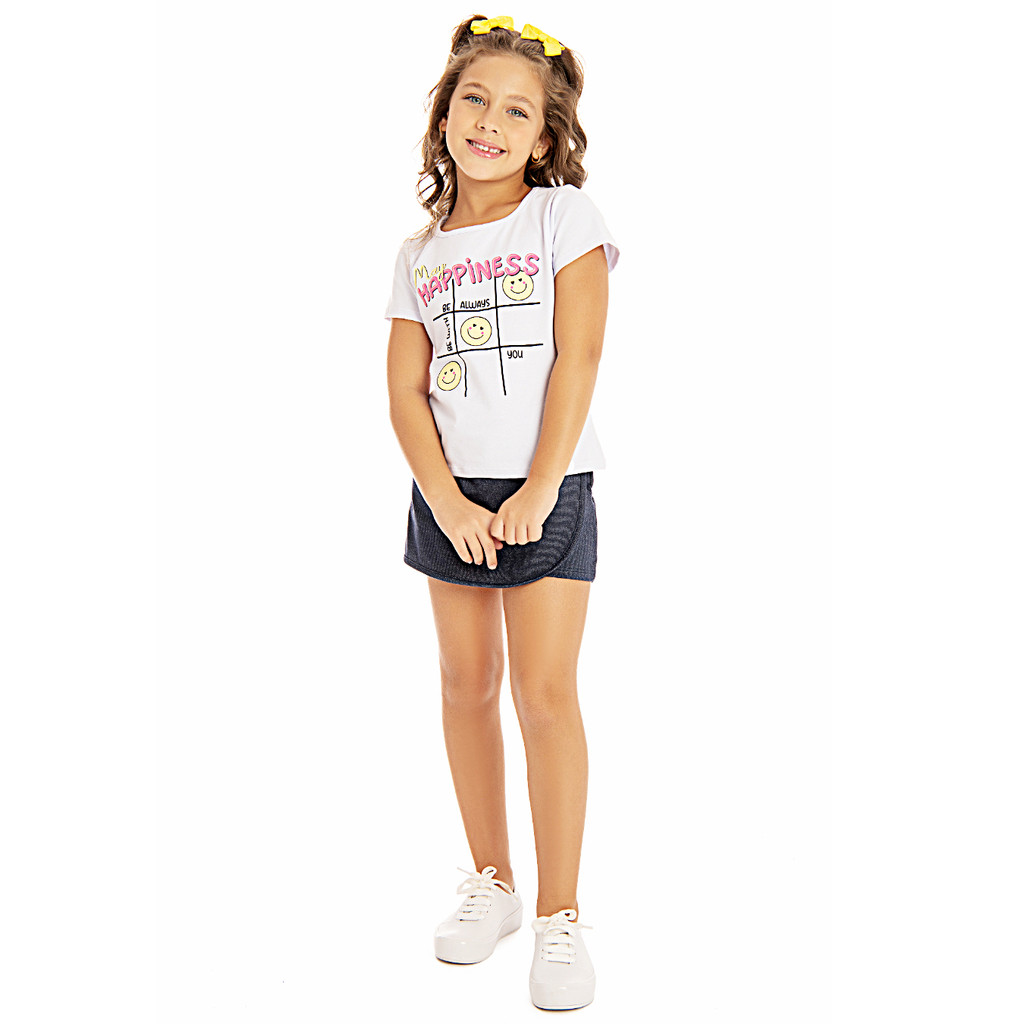 Conjunto Blusa Meia Malha Estampada com Shorts Saia Meia Malha Jeans- Taita Kids - Tamanho 04 , 06 e 08