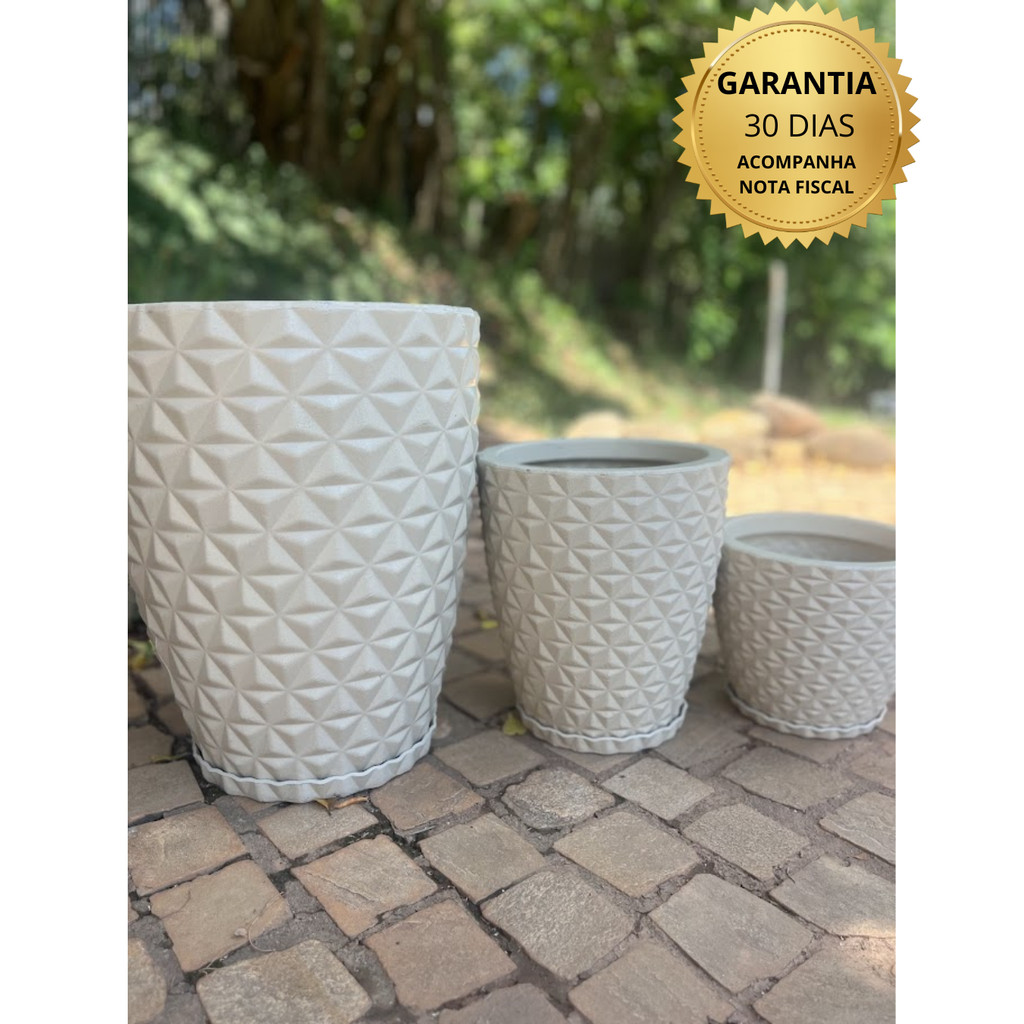 Kit 3 Vasos Polietileno Para Plantas Jardim Sala Casa Luxo Diamante Com Prato bege