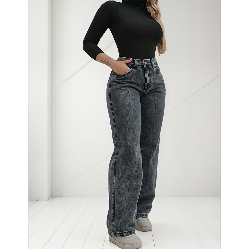 Calça Jeans Feminina Wide Leg Pantalona Cinza Grafite