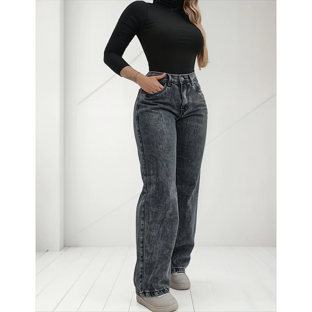 Calça Jeans Feminina Wide Leg Pantalona Cinza Grafite