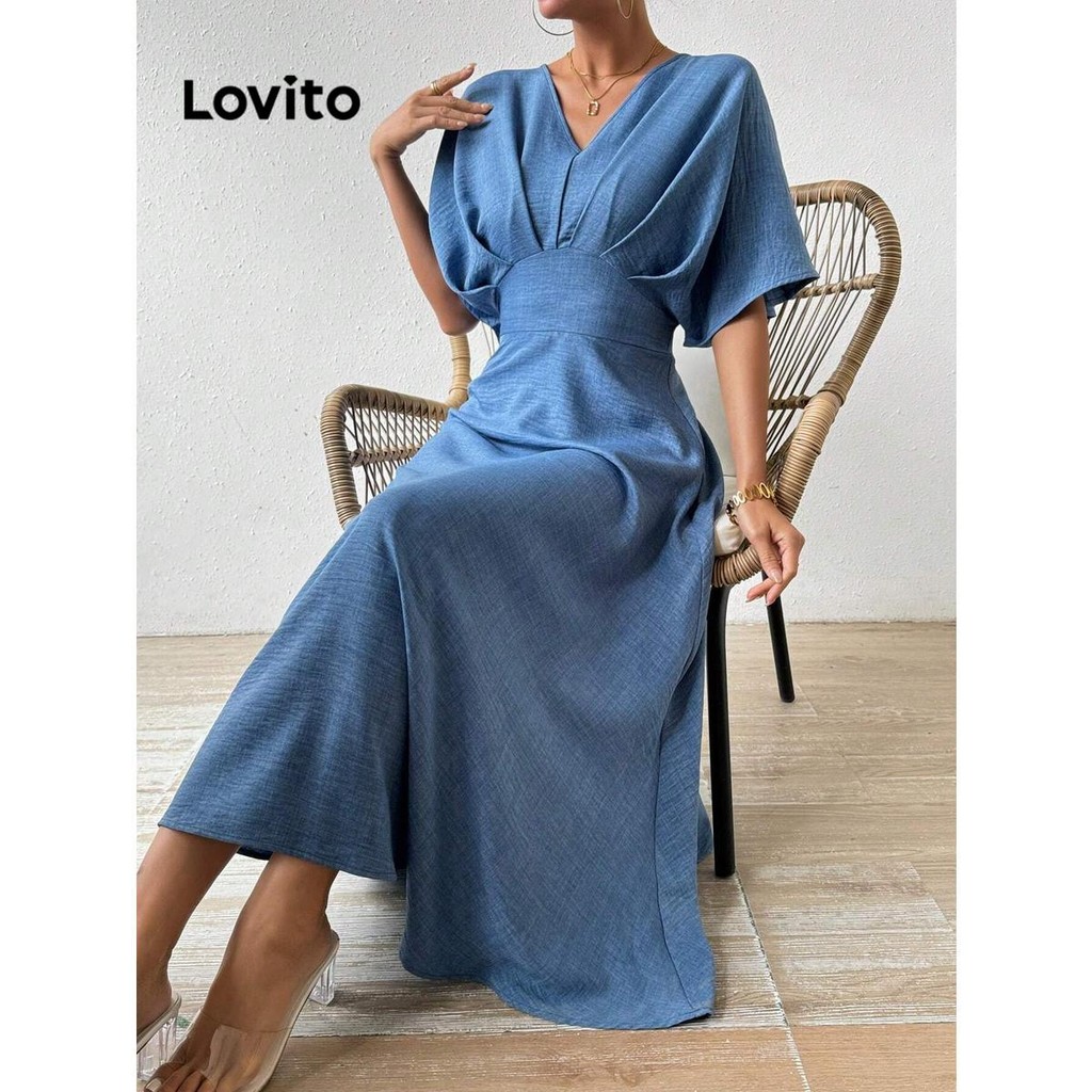 (Trendy) Lovito Vestido Elegante Com Linha De Estrutura Plissada Vestido De Verão/Primavera Para Mulheres LNL83157 em Oferta na Shopee