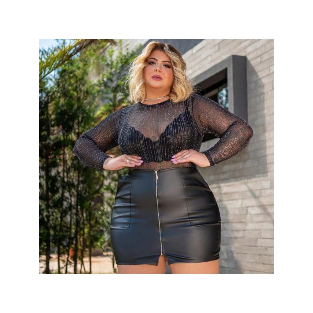 Conjunto Saia De Couro  Plus Size + Body Tule  Lurex Manga Longa  + Cropped Renda Plus Size em Oferta na Shopee