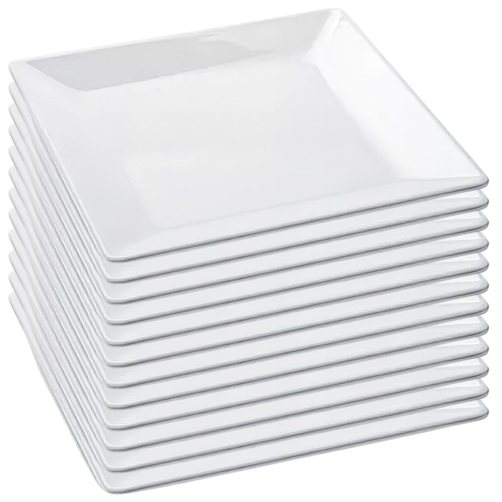 Jogo 12 Prato Quadrado Melamina Branco Kit Prato Raso Para Refeições Buffet Restaurante 25cm Bestfer