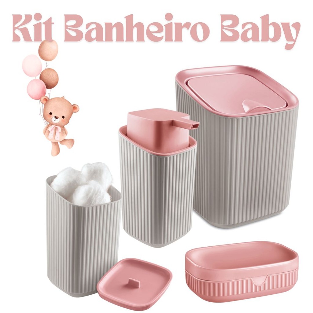 Kit Banho Infantil - Banheiro Baby 4 Peças P/ Algodão -P/ Sabonete liquido E Barra - Lixeira em Oferta na Shopee