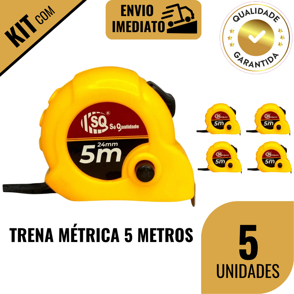 Conjunto Trena Métrica 3/5 Peças 5 Metros Profissional Plástico com Trava Fita de Aço Alça Aferição
