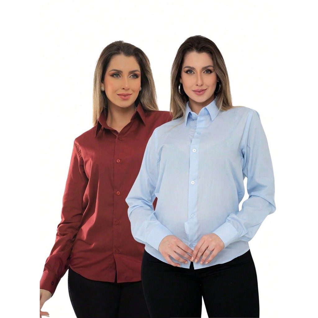 KIT Feminino 2 Peças - Camisa Social Manga Longa Slim Lisa Azul Bebê e Camisa Social Manga Longa Slim Lisa Bordô