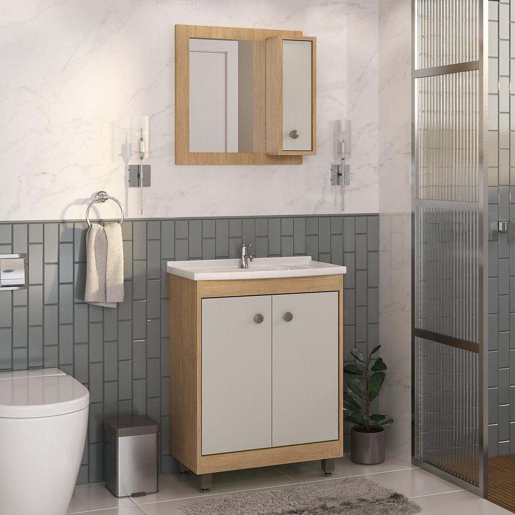 Gabinete de Banheiro com Cuba e Espelheira 60cm Multimóveis CR10133 em Oferta na Shopee