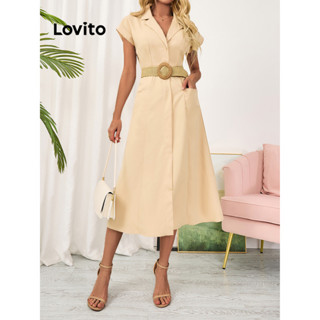 Lovito Elegante Vestido Feminino Liso Alinhado com Colarinho e Fecho Traseiro LBL09142