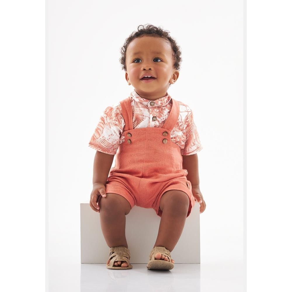 Detalhes do Conjunto Jardineira em Linho e Body Camisa Bebê Menino Up Baby