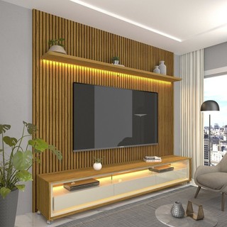 Rack com Painel Impressão Ripada para TV até 75 Polegadas com LED com Rodízios Requinte 220cm 100% MDF Naturale/Off em Oferta na Shopee