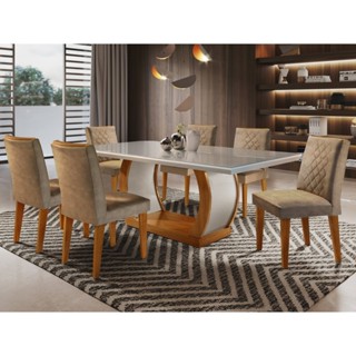 Conjunto Sala de Jantar Mesa Luanda 180x80cm Tampo Vidro/MDF Canto Reto com 6 Cadeiras Lua...