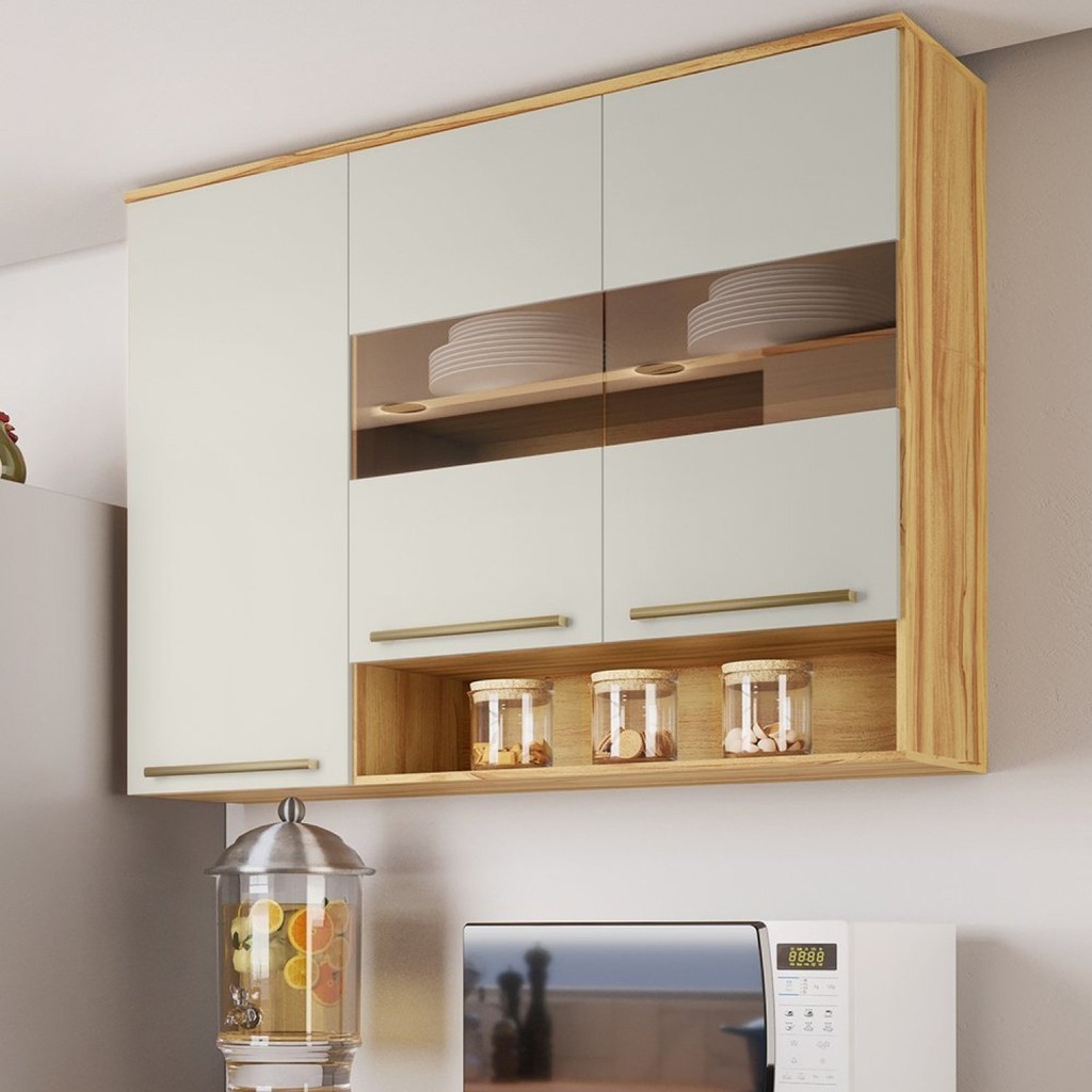 Armário Aéreo de Cozinha 120cm com 3 Portas Vidro Reflecta e Nicho 100% MDF Itália Espresso Móveis Amêndoa/Off - Home & Living