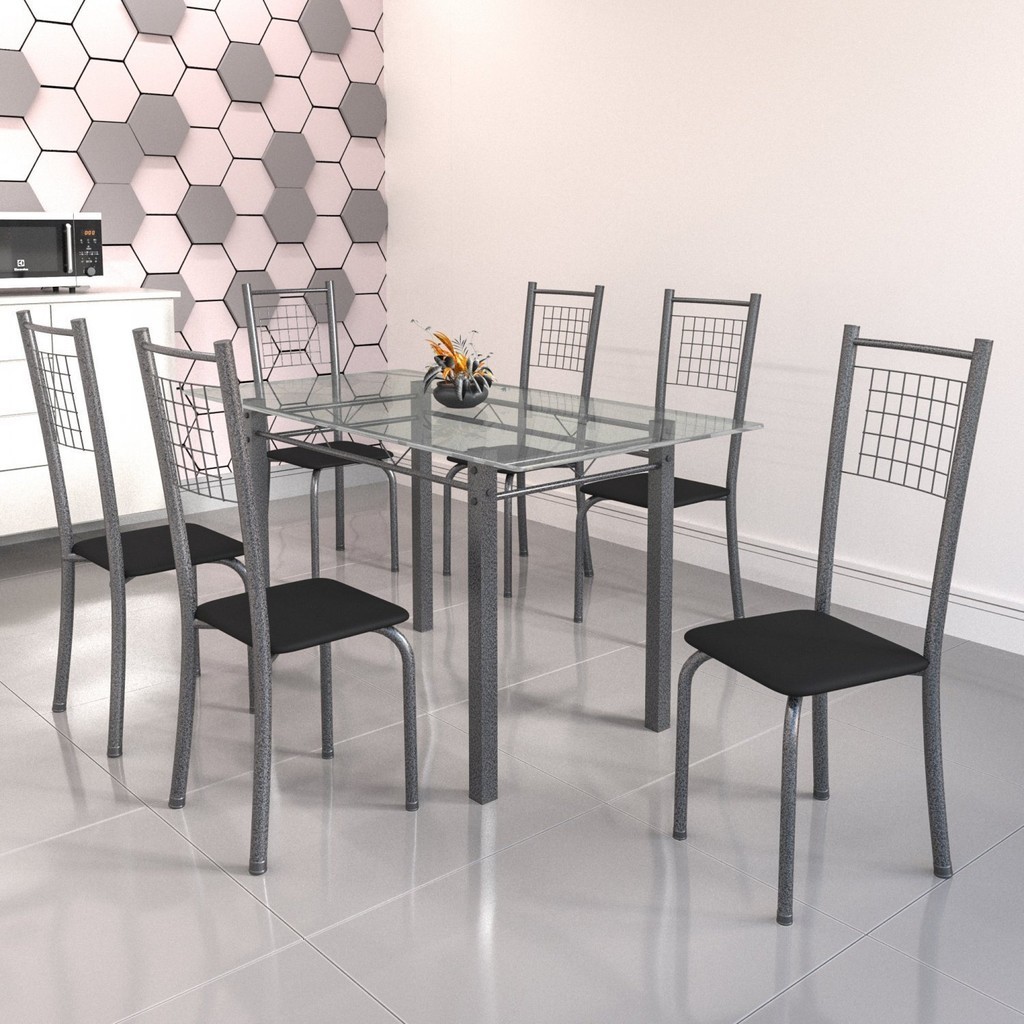 Conjunto de Mesa Tubular 6 Cadeiras 140cm com Tampo de Vidro Iza  Preto/Prata - Home & Living