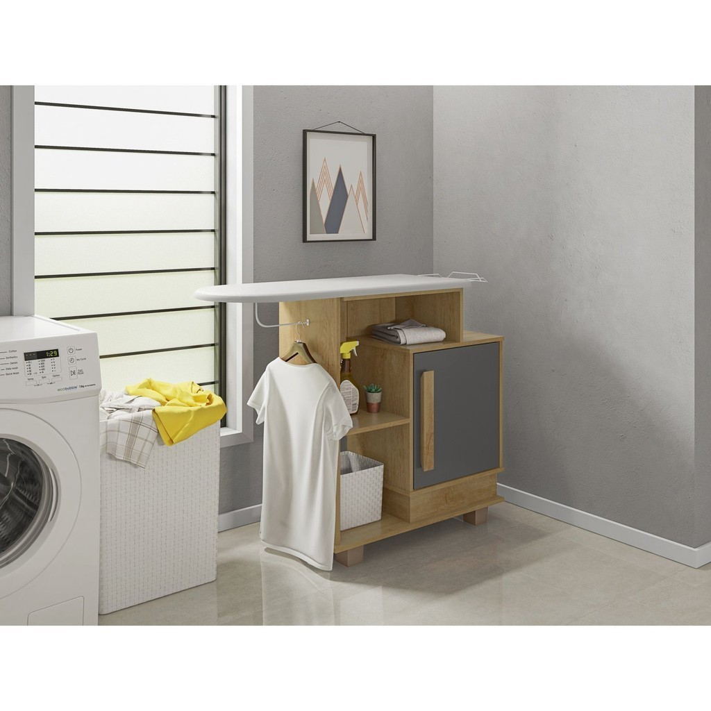 Armário Multiuso com Tábua de Passar 1 Porta Havaí Cinamomo/Grafite em Oferta na Shopee