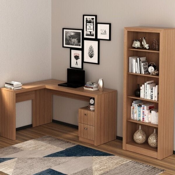 Kit 2 Peças com Mesa para Escritório em L e Estante Livreiro Amendoa - Home & Living