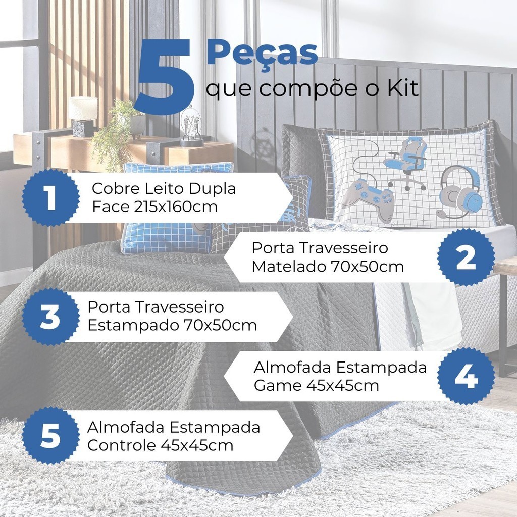 Kit Cama Cobre Leito SOLTEIRO 05 Peças Game Streamer Preto/Azul Dupla Face com Almofadas Estampadas