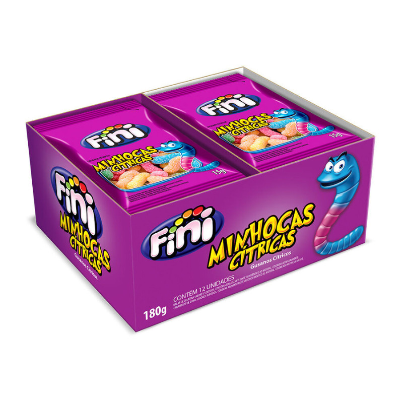 Bala Fini Gelatina Mini Minhocas Azedinhas 12 Unidades 15g 12x15g Bala de Gelatina Colorida Mástigavel Sem Glutén