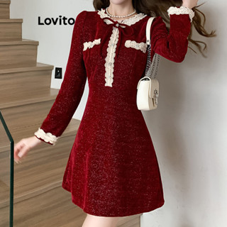 Lovito Vestido Elegante De Natal Com Laço Liso E Manga Comprida Em Linha A Para Mulheres LNA43225