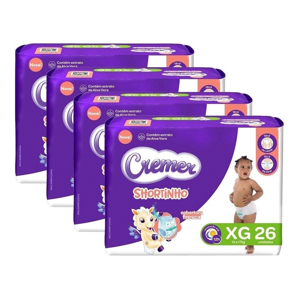 Fralda Descartável Cremer Shortinho Jumbo Tamanho XG - 4 Pacotes com 26 Fraldas - Total 104 Tiras - Mom & Baby