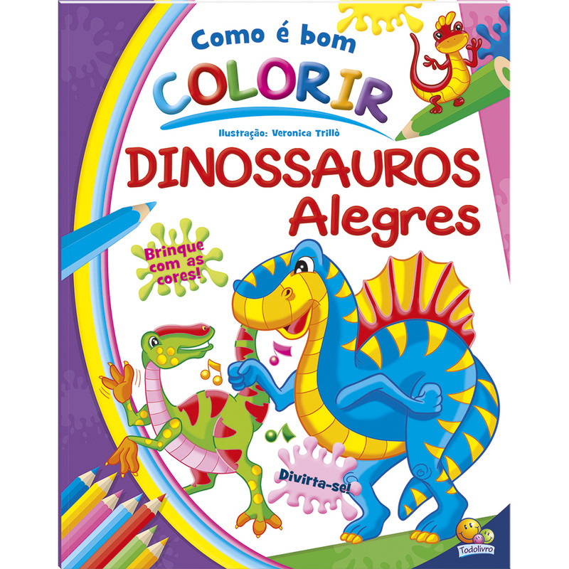 Livro Como é bom Colorir! Dinossauros Alegres + Caixa de Giz de Cera Todolivro Crianças Filhos