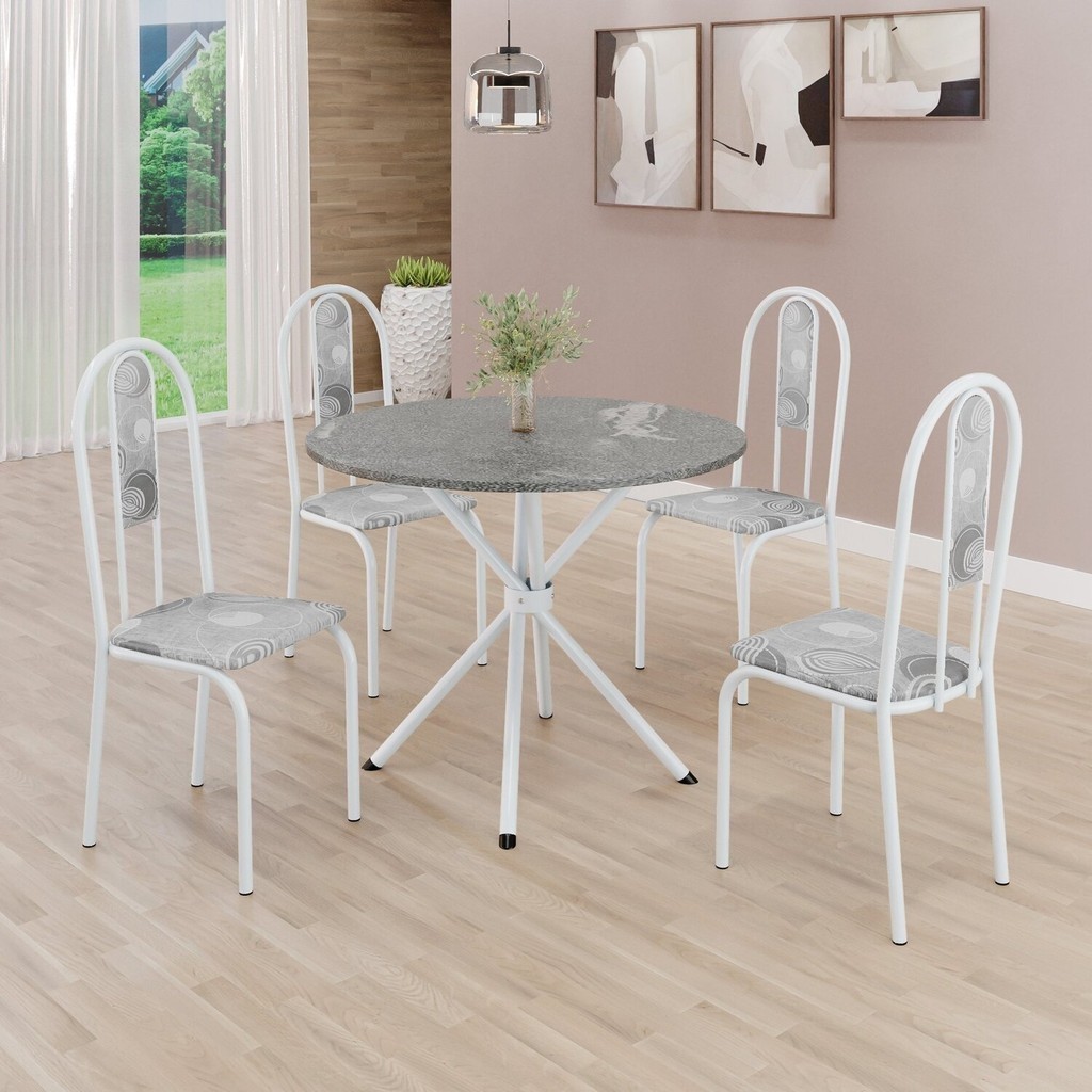 Conjunto Sala de Jantar Mesa Redonda 70cm Tampo Granito Topázio 4 Cadeiras Linda Yescasa Paraopeba/Branco - Home & Living