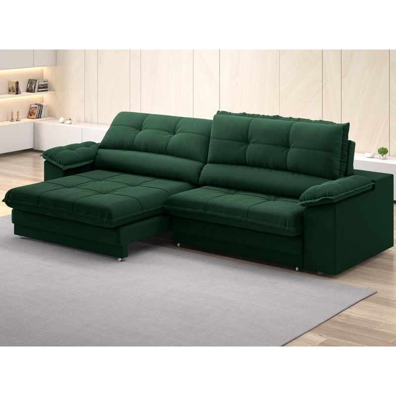 Sofá com Carregador USB Retrátil Reclinável Monaco 2,50m Velosuede Verde - NETSOFAS