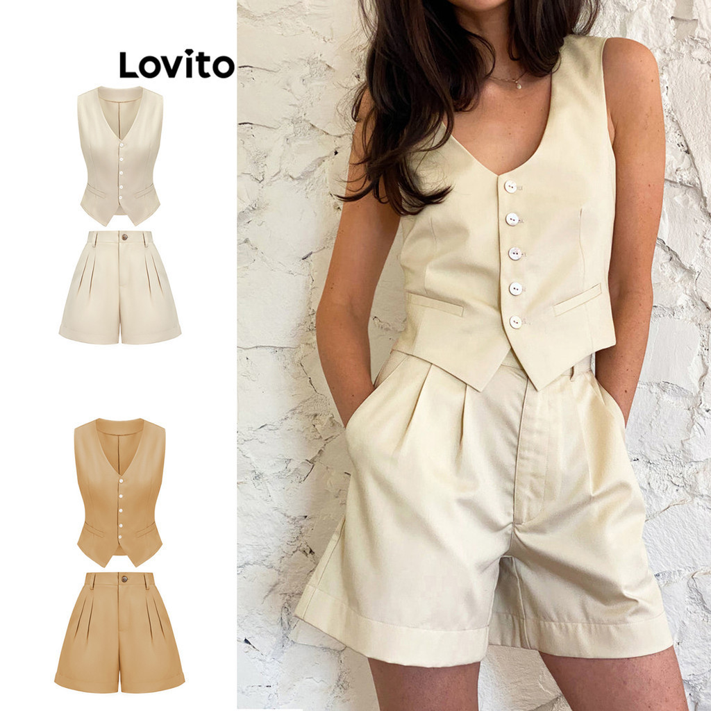 Lovito Casual Conjunto Feminino Liso de Shorts com Botão Frontal e Bolso L65ED104 (Blusa/Shorts)