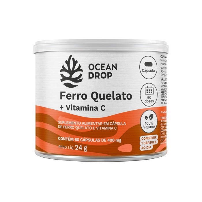 Suplemento Alimentar Ferro Quelato + Vitamina C 60 Cápsulas 400mg 100% Vegano Ocen Drop