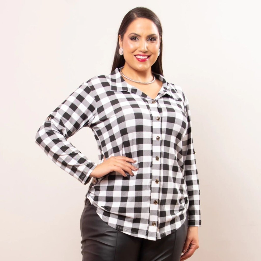 Camisa Plus Size Xadrez Feminina  – Manga Longa, Festa Junina, Viscolycra Confortável Roupa Plus