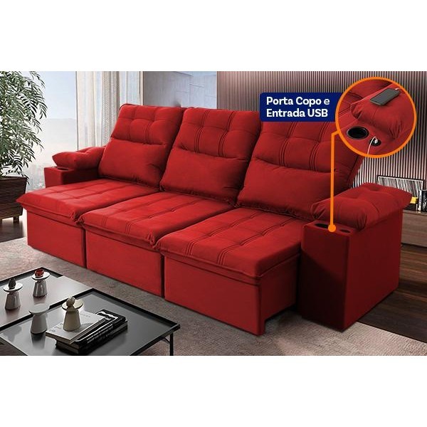 Sofá Retrátil Reclinável Verona USB + Porta Copo 2,30m Suede Velut Vermelho c/ Molas no Assento