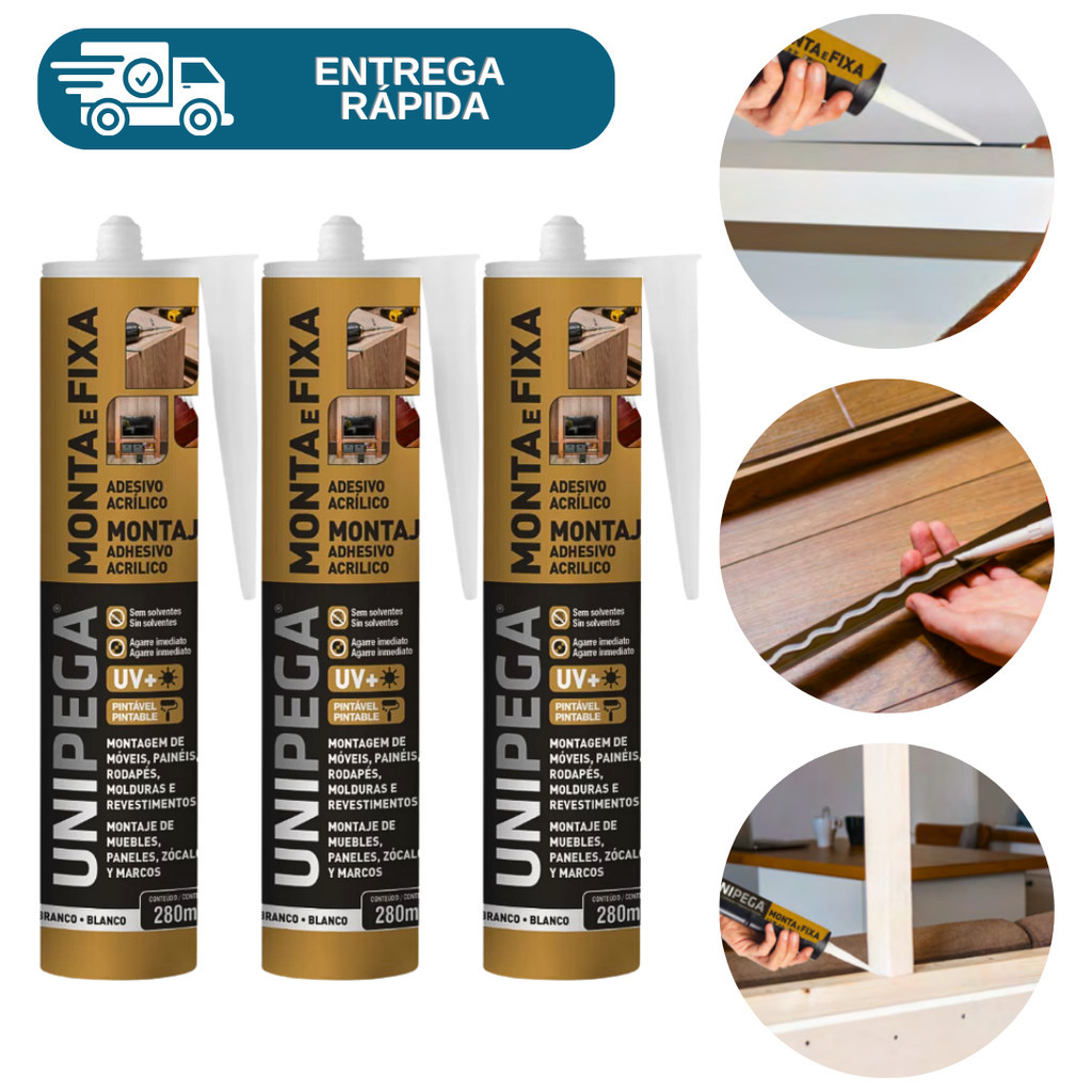 Kit 3 Cola Monta e Fixa Adesivo Selante 400g Unipega Móveis Prateleira Esquadria Rodapé Concreto