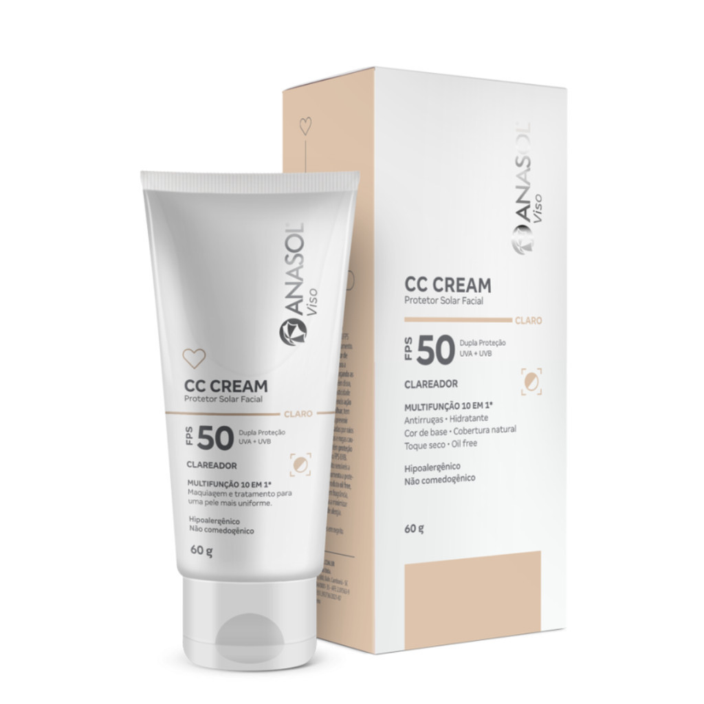 Anasol CC Cream Facial Fps 50 Viso Cor Claro Toque Seco Vegano 60 gr em Oferta na Shopee